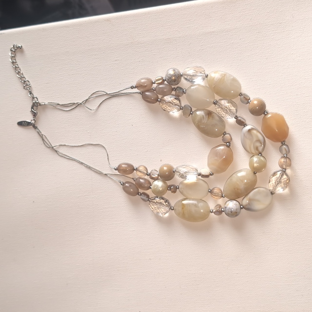 Triple Strand Layered Bead Necklace | Bohemian Ecru & Marbleized Neutral